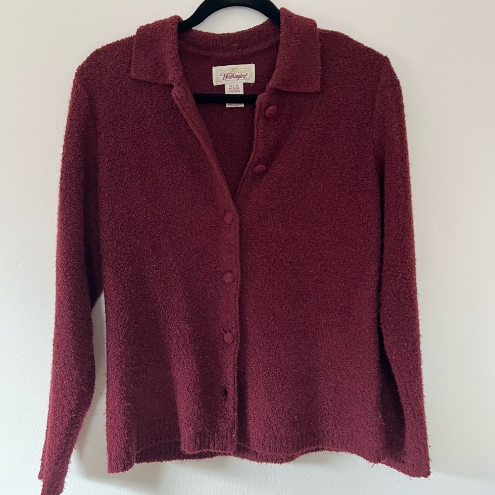 Worthington Women’s Burgundy Boucle Cardigan Polo Sweater - Medium Petite